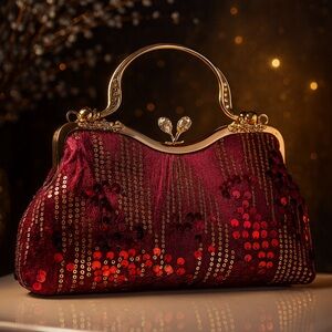 Glamorous Sequin Clutch Elegant Purse - Burgundy Red and Gold